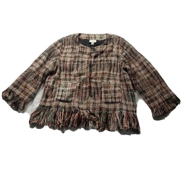 Anthropologie Fringe Tweed Snap Front Jacket - Picture 1 of 7